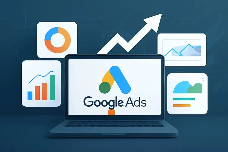 A laptop displaying a Google Ads dashboard with growth arrows and charts, symbolizing a Kannur-based freelance digital marketing expert overseeing online advertising campaigns.
