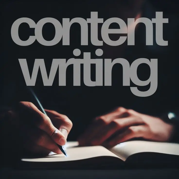 Person writing in a notebook with the words “content writing” displayed above, representing creative and professional writing services -Best Freelance Digital marketing Expert in Kannur